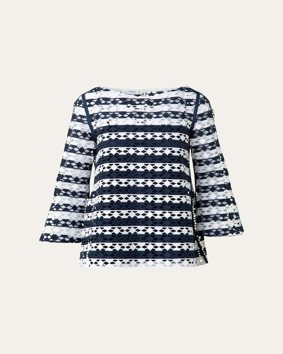 Kodak Striped Dot Guipure Trumpet-Sleeve Blouse
